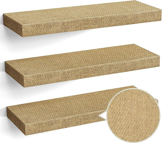 Alsonerbay Rattan Floating Shelves for Wall Set of 3, 15.7 Inch Wood Shelves Wall Mounted with Invisible Bracket for Bedroom Living Room Nursery and More