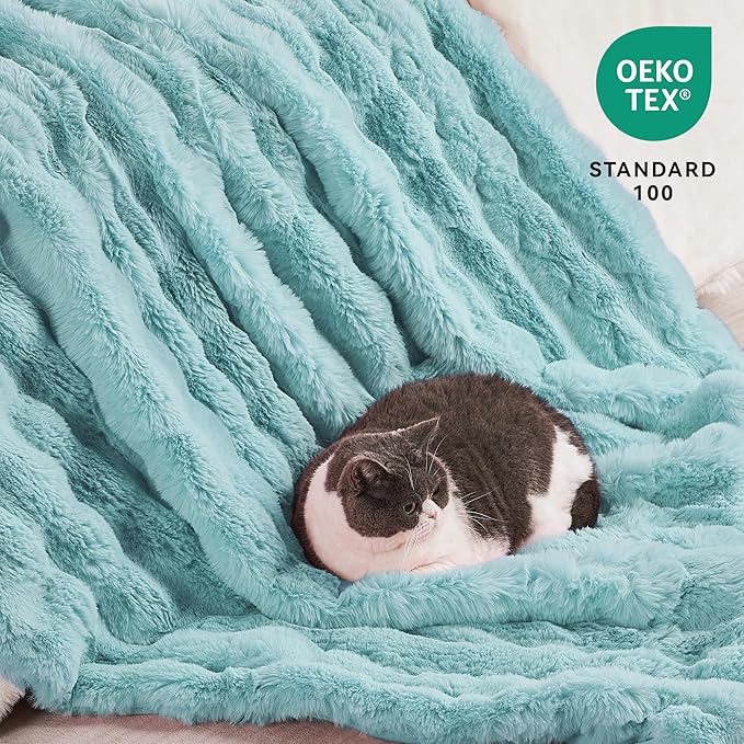 JELLYMONI Plush Duvet Cover Set - Queen Size Baby Blue Fur Comforter Cover 3pcs Bedding Set Luxury Ultra Soft Striped Fluffy Duvet Cover with Zipper and 2 Pillowcases (NO Comforter)