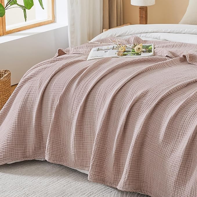 EMME Cotton Muslin Large Throw Blanket Couch Breathable Gauze Soft Lightweight Bed Blankets Adults (Heather Dusty Pink, 50"x70")