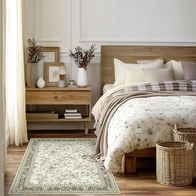 Beige Taupe Floral Area Rug for Entryway 2x3 Washable Small Rug Low Pile Non Slip Distressed Entry Mat Soft Farmhouse Indoor Entrance Door Mat for Kitchen Bedroom Greyish Beige Tan Floral Design