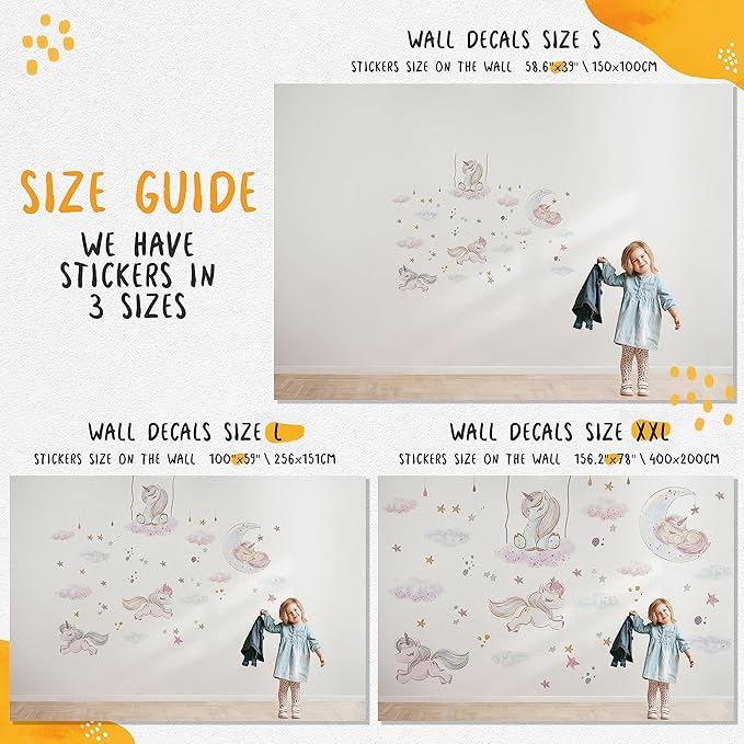 Unicorn Wall Decals by Lipastick - Vibrant Glitter Moon, Stars, Cloud Stickers for Girls Bedroom, Baby Nursery, Kids Room, Birthday Party Decor Art- Peel and Stick Gift Idea- XXL Size