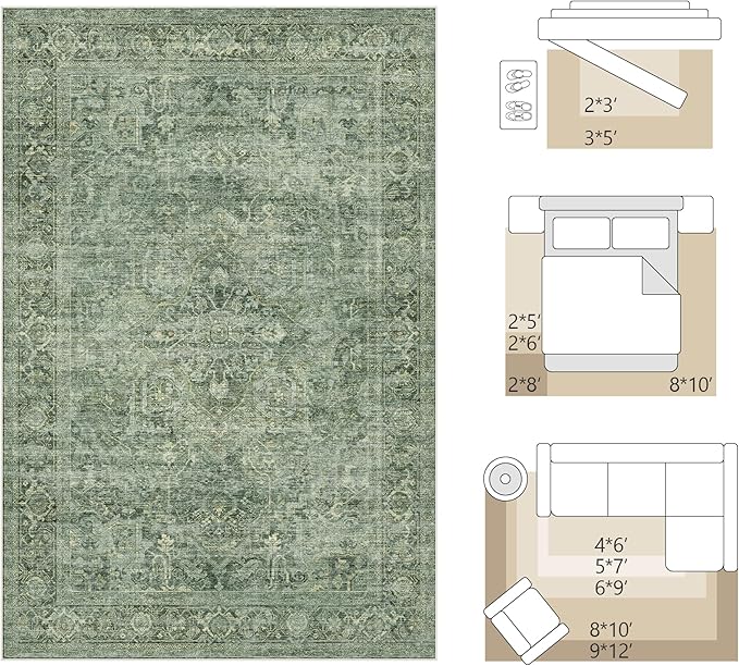 Fmfunctex 2x6 Runner Rug Green Vintage Neutral Washable Distressed Oriental Non Slip Low Pile Indoor Carpet Retro Hallway Entryway Rug for Kitchen Living Room Bedroom Bathroom Laundry Entrance Bedside