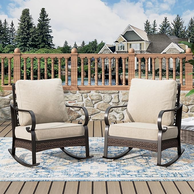 Outdoor Patio Rocking Sofa Chairs Set of 2 Steel Frame Porch Furniture with Deep Seating and 5.75" Cushions for Lawn Backyard Deck, Beige