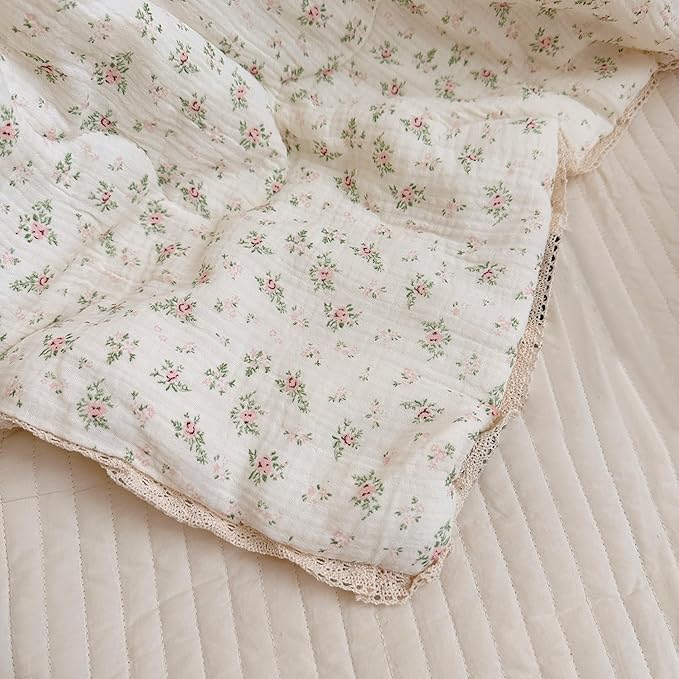 BuLuTu 2-Layer Muslin Cotton Kids Quilt for Twin Bed, Soft Gauze Blanket Lace Edged, Girls Boys Toddler Comforter, Breathable Lightweight, Pomegranate Pattern, 60"x78", Machine Washable