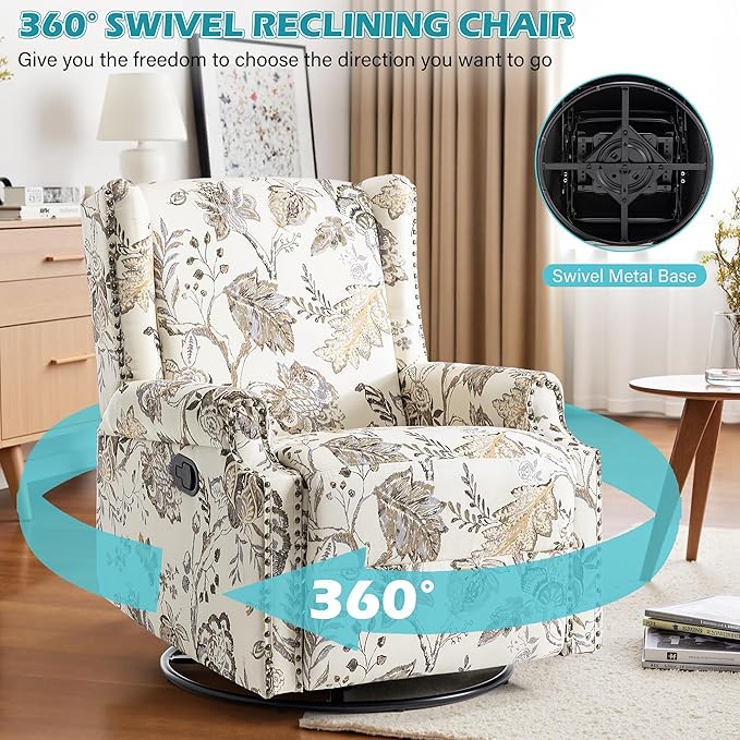 UIXE Swivel Glider Recliner Chair for Adults, High Back Nursery Rocker Floral Upholstered Armchair for Living Room, Manual Reclining Rivet Trim Sofa Lounge with Deep Seat in Fabric - Beige Plants
