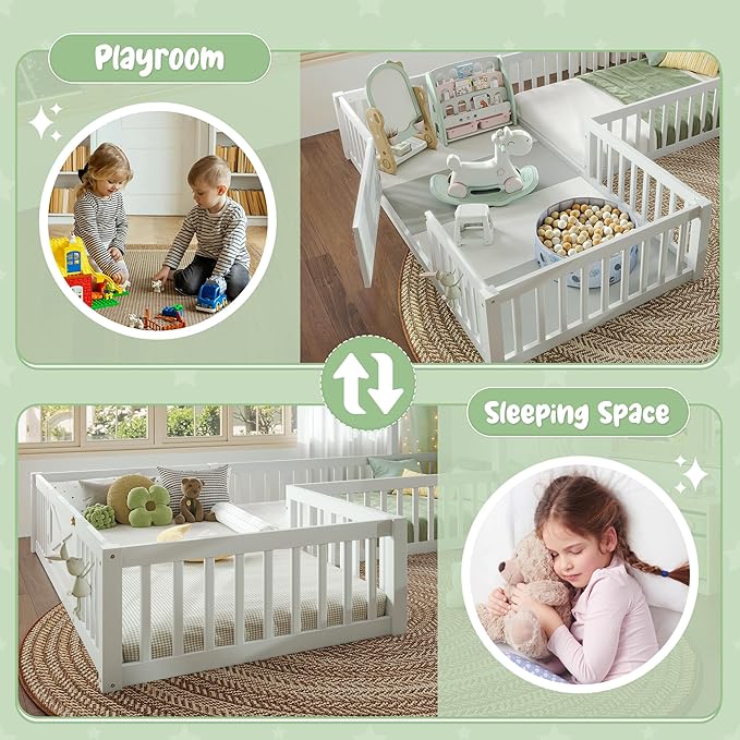Harper & Bright Designs Twin Size House Shaped Double Floor Bed with Door and Full-Length Guardrails, Solid Wood Kids Montessori Floor Bed for Girls Boys, Multi-Function, White