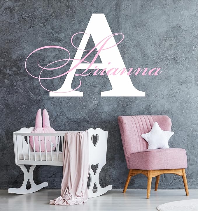 Decor Designs Decals Fancy Girls Personalized Custom Name Vinyl Wall Art Decal Sticker, Nursery Bedroom Baby Decor, Multiple Font and Color, (Multiple Size Choices) (Name with Initial)