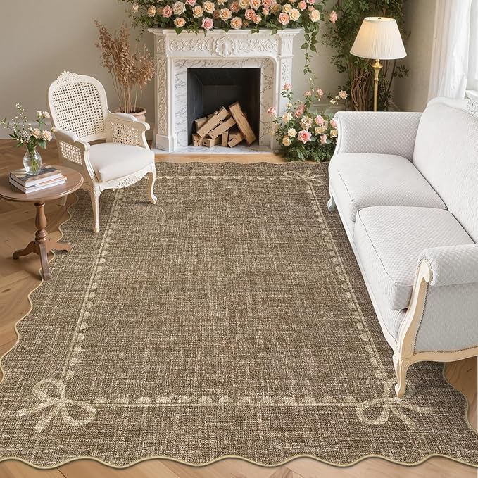 GarveeHome Scalloped Bow Rug for Living Room, Solid Brown Rug for Dorm, Washable Rugs 8x10 Soft Low Pile Non Slip Scalloped Rugs for Nursery College Bedroom Decor Kids Room Playroom