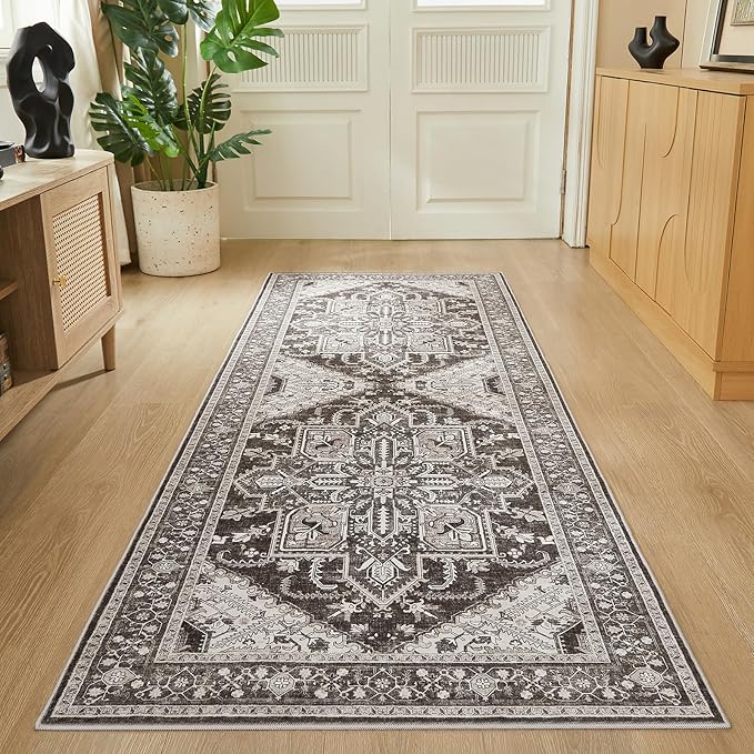 WITSHOCK 3x8 Kitchen Runner Rugs Black: Washable Rug Boho Soft Low Pile Stain Resistant Foldable Carpet for Bedroom Hallway Entryway Indoor Entrance Bedside, Vintage Distressed Farmhouse Rug, 36″x96″