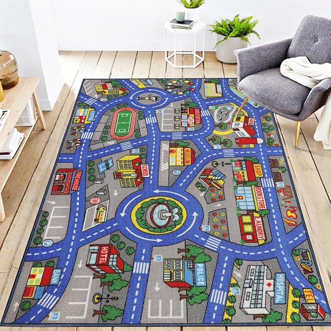 Kids Rug 3'3" x 5'2" City Life Playmat Area Rug Car City Map Washable Traffic Road Educational Learning Nursery Rug Carpet for Children Playroom Living Room Bedroom Classroom Decor Dark Blue