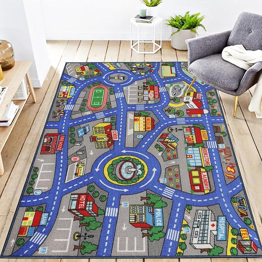 Kids Rug 3'3" x 5'2" City Life Playmat Area Rug Car City Map Washable Traffic Road Educational Learning Nursery Rug Carpet for Children Playroom Living Room Bedroom Classroom Decor Dark Blue