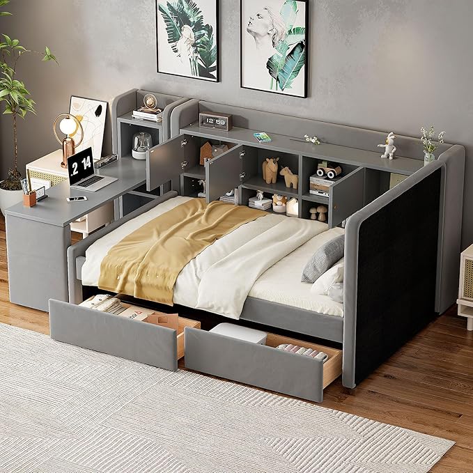 Twin Size Daybed with Desk, Storage Drawers and L-Shaped Bookshelf Headboard, Velvet Upholstered Soft Corner Bed with Flip Cabinets and Shelves for Kids Boys Girls, Gray