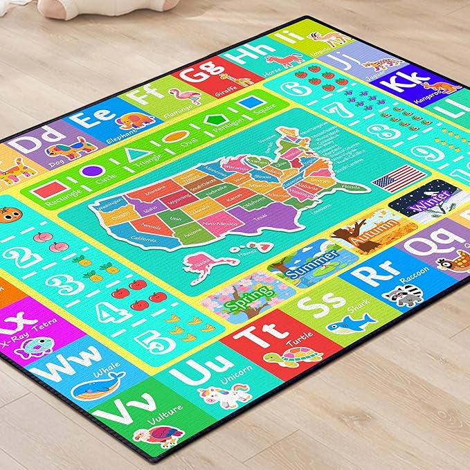 ABC Rug for Kids Playroom, 5'x 6'6" Washable Classroom Area Rugs, Educational Learning Mat with Alphabet Numbers Animals Seasons Shapes for Classroom Preschool Playroom