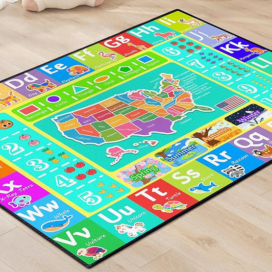 ABC Rug for Kids Playroom, 5'x 6'6" Washable Classroom Area Rugs, Educational Learning Mat with Alphabet Numbers Animals Seasons Shapes for Classroom Preschool Playroom