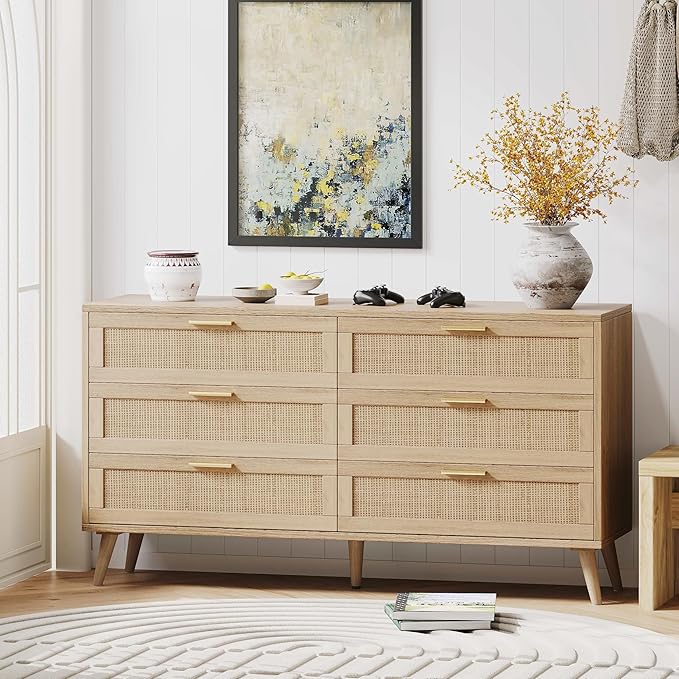Rovaurx 6 Drawer Double Dresser for Bedroom, Rattan Chest of Dressers, Modern Wooden Dresser Chest with Golden Handles, Beside Table for Closet, Living Room and Entryway, Natural