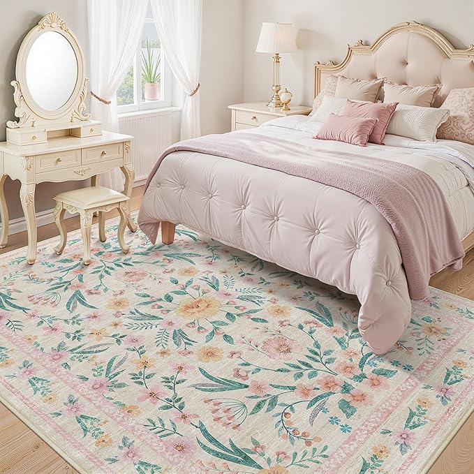 Pink Floral Area Rug 6x9,Soft Washable Girls Bedroom Rug for Nursery, Living Room or Playroom,Boho Vintage Non-Slip Carpet for Kids or Teen Girl Room Decor