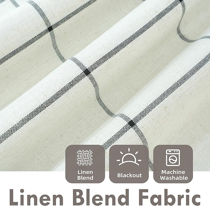 DriftAway 2 Panels 100% Blackout Windowpane Plaid Linen Curtains Double Layer Drapes for Bedroom 63 Inches Long Farmhouse Thermal Insulated 3.25 Inch Rod Pocket Back Tab for Living Room Black