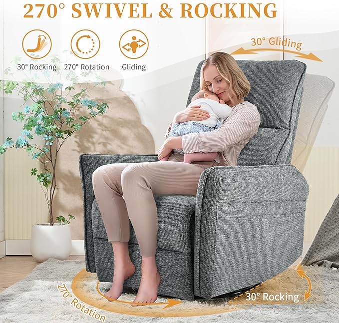 Power Swivel Rocker Recliner Chair for Nursery, Upholstered Snowflake Velvet 270°Swivel Glider Rocker Chair with USB Ports, Small Power Recliners for Small Spaces Living Room
