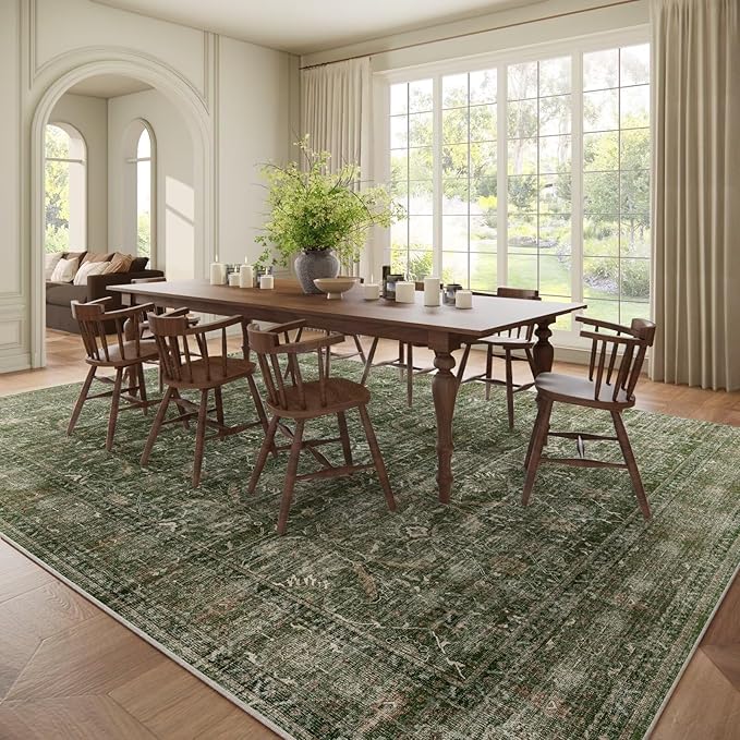 Washable 10x14 Area Rugs for Living Room, Boho Non-Slip Vintage Distress Large Rugs for Bedroom Dining Room Office, 0.3" Neutral Oriental Throw Thin Carpet, Grass Green/Multi