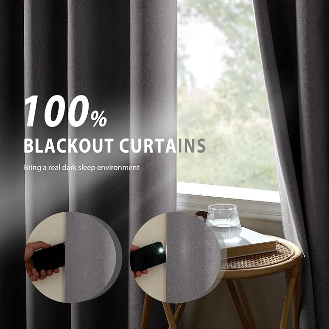 NICETOWN Grey Long Faux Linen Full Shade Panels, 52" Wide x 95" Long, Pair of Thermal Insulated & Energy Efficiency Blackout Curtains for Living Room Windows, Lined Silky Performance Window Dressing