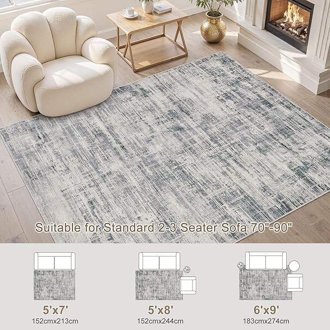 Area Rug for Living Room: 5x7 Washable Neutral Abstract Modern Soft Rugs Non Slip Indoor Floor Stain Resistant Carpet for Bedroom Dining Room Office Nursery - Gray