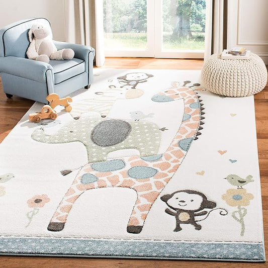 SAFAVIEH Carousel Kids Collection Area Rug - 6'7" x 9', Ivory, Animal Design, Non-Shedding & Easy Care, Ideal for High Traffic Areas for Boys & Girls in Playroom, Nursery, Bedroom (CRK120A)