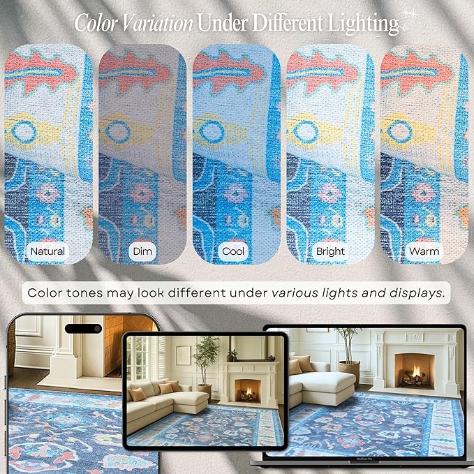 Fame Rugs Blue Modern Oushak Rug 3x5, Washable Vintage Turkish Colorful Oriental Antique Inspired Foldable Small Area Rugs, Luxury Living Room Bedroom (387BNB, 2'6" x 5')