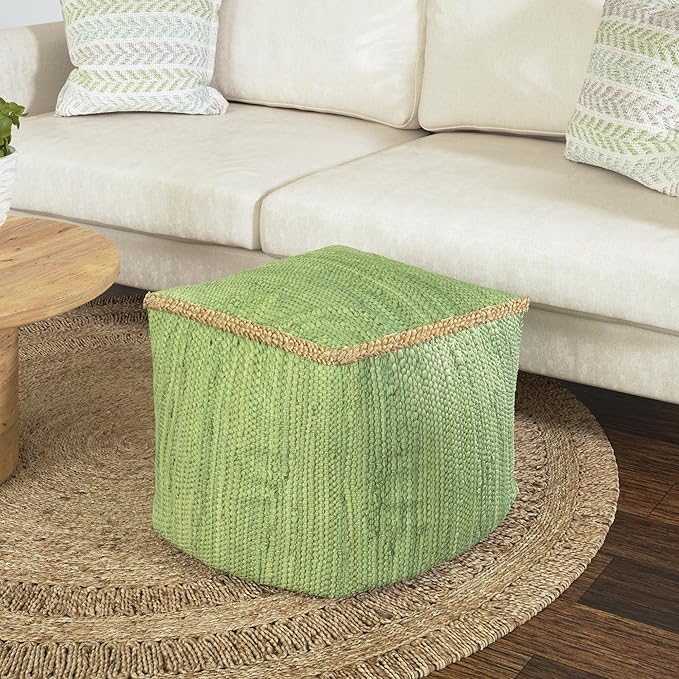 LR Home Green Bordered Hand-Loomed Cotton Blend Cube Pouf with Jute Braid for Home Decor | Transitional Foot Rest for Bedroom & Living Room | 18 x 18 x 18 Stuffed Ottoman Ottoman
