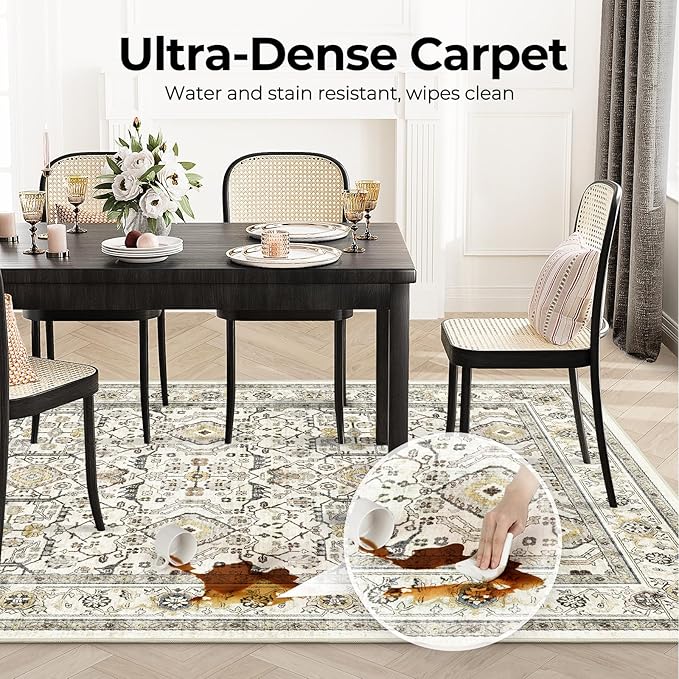 WITSHOCK Living Room Area Rugs 5x7: Washable Rug Boho Soft Non-Slip Low Pile Stain Resistant Foldable Carpet for Bedroom Playroom Dining Room Office Kitchen Farmhouse Home Decor Rug-Cream Color