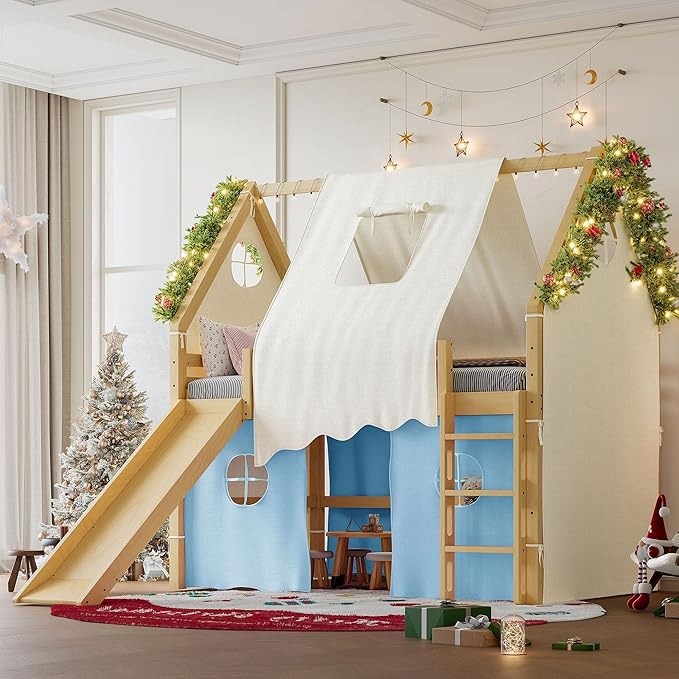 Playhouse Design Full Size Loft Bed with Slide & Tent, Solid Wood Tent Bed Frame for Kids Boys Girls, Versatile Spacious Under Bed Space, Chic Design with Lights (Natural+Blue-Full)