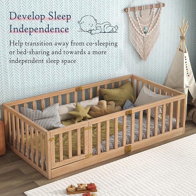 Tatub Twin Montessori Floor Bed with High Rails, Solid Wood Montessori Bed Frame for Kids, Door Can Install Left and Right, Twin-Nature