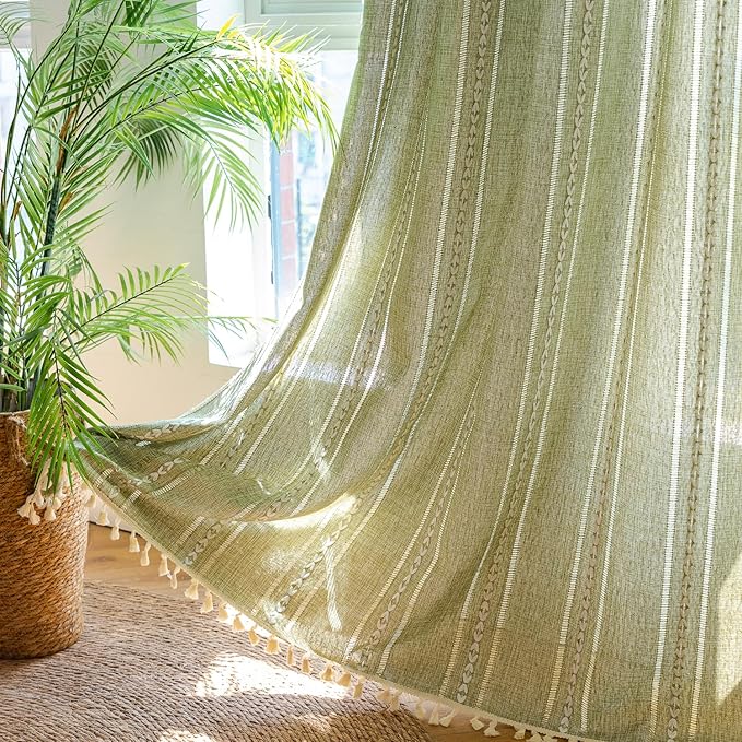 Deeprove Green Boho Linen Curtains 72 inches Length for Bedroom Living Room Dining Nursery Closet, Hollow Sage Semi Sheer Curtains Darkening Embroidery Drape Window Treatment, 1 Panel W52 x L72