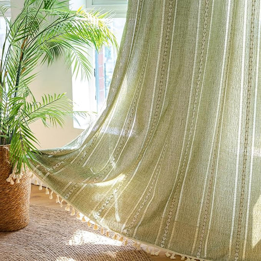 Deeprove Green Boho Linen Curtains 72 inches Length for Bedroom Living Room Dining Nursery Closet, Hollow Sage Semi Sheer Curtains Darkening Embroidery Drape Window Treatment, 1 Panel W52 x L72