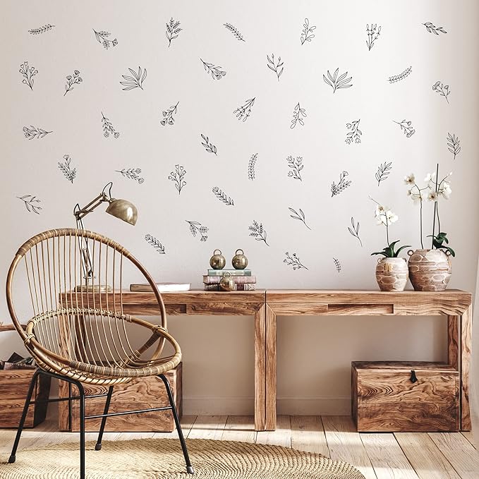 Small Black Flowers Peel and Stick Wall Decals - Set of 88 Flower Wall Stickers - 1"-4" Flower Wall Decor Floral Wall Decals