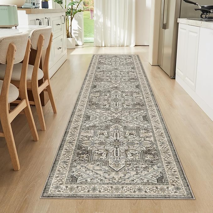 WITSHOCK Extra Long Runner Rug for Hallway 3x14: Washable Vintage Boho Soft Non-Slip Low Pile Stain Resistant Foldable Carpet for Bedroom Entryway, Distressed Farmhouse Floral Home Decor, Brown/Lvory
