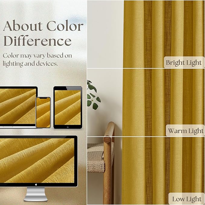 Gold Yellow Linen Pinch Pleated Curtains 108 Inches Long 2 Panels for Living Room Bedroom Light Filtering Drapes 108 Inch Length Mustard Yellow Semi Sheer Memory Shape Trained Ceiling Floor Curtain