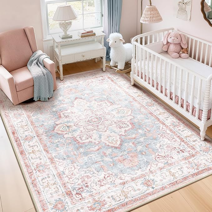Machine Washable Rugs Nursery Rug 5x7 Cute Girl Non Slip Low Pile Water Repellent Soft Print Pattern for Bedroom Indoor Decor Kids Playroom Pinkblue