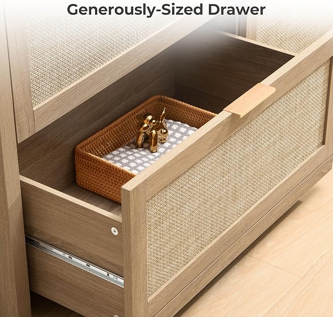 SICOTAS 60.8" Dresser for Bedroom, Rattan Boho Dresser with 4 Deep Drawers, Large Chest of Drawers for Closet,Nursery,Dressers TV Stand for Bedroom (Reclaimed Caramel Oak, 4 Drawers (1 pc))