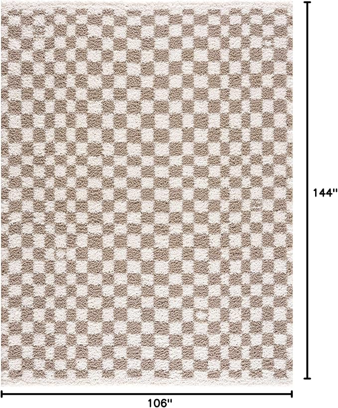 Hauteloom Kieu Contemporary Checkered Fluffy Shag Area Rug - Modern Geometric Soft Carpet Tiles for Living Room, Kids Room, Nursery - Gray, Taupe, White - 8'10" x 12'