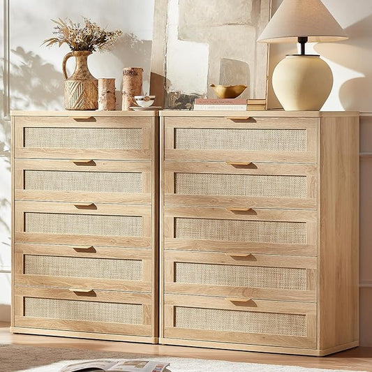 LEYAOYAO Rattan Dresser for Bedroom Set 2, 41" Tall Chest of Drawers, Modern 5 Drawers Boho Dressers with Storage, Light Oak Dresser Wooden Closet Organizer for Living Room, Hallway, Natural Wood