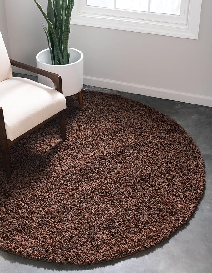 Unique Loom Solid Shag Collection Area Rug (7' 1" Round, Chocolate Brown)