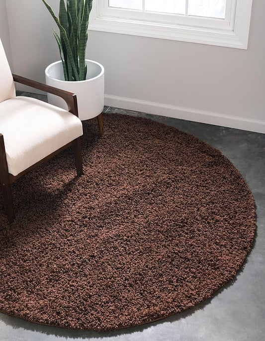 Unique Loom Solid Shag Collection Area Rug (7' 1" Round, Chocolate Brown)
