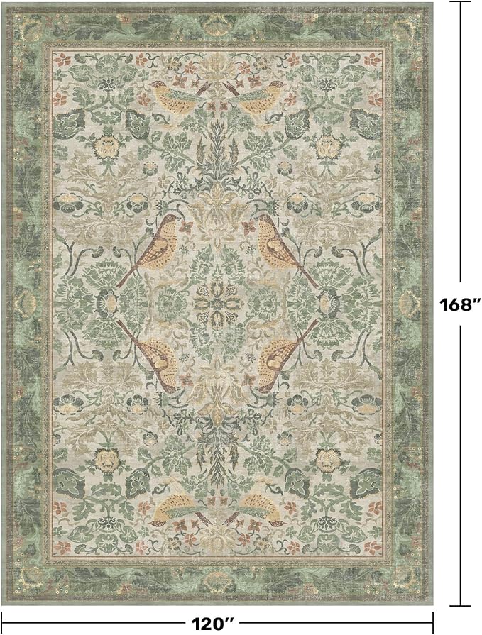 Floral Large Rugs for Living Room 10x14 - Sage Green Area Rug for Dining Room Under Kitchen Table, Large Bedroom, Playroom, Washable Folable Non Skid Low Pile Indoor Carpet