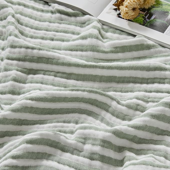 EMME Cotton Muslin Twin Blanket Breathable Gauze Soft Lightweight Adults Gifts for Women (Striped Sage Green, 60"x80")