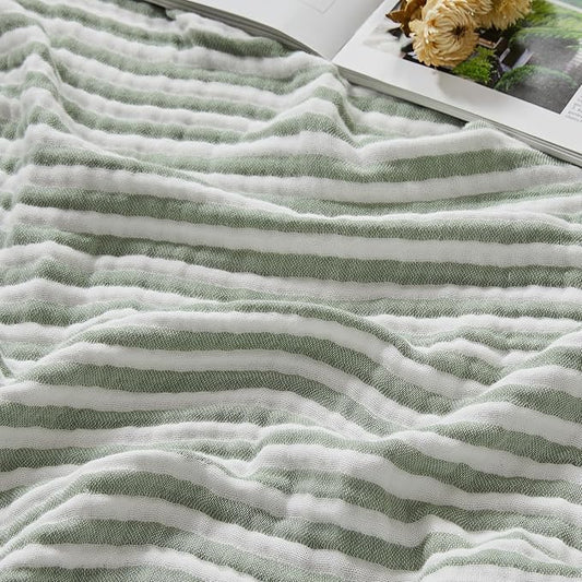 EMME Cotton Muslin Queen Blanket Bed Layering Bedspread Coverlet Breathable Gauze Soft Lightweight Adults (Striped Sage Green, 90"x90")