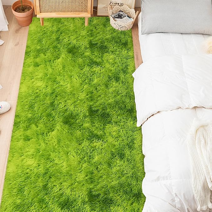 Grass Green Tie-Dyed Rug 3x10 ft Plush High Pile Shag Carpet Fluffy Soft Runner Bedside Rug for Bedroom Living Room Hallway Nursery Kids Home Decor