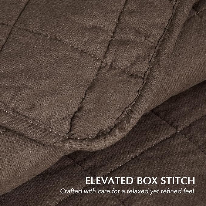 EVERGRACEHOME 100% Cotton Box Stitch Quilt Bedding Set Queen Size 3 Pieces, Garment-Washed Lightweight Soft Cozy Coverlet, Quilted Bedspread Sets with 2 Shams for All Season, Cocoa Brown