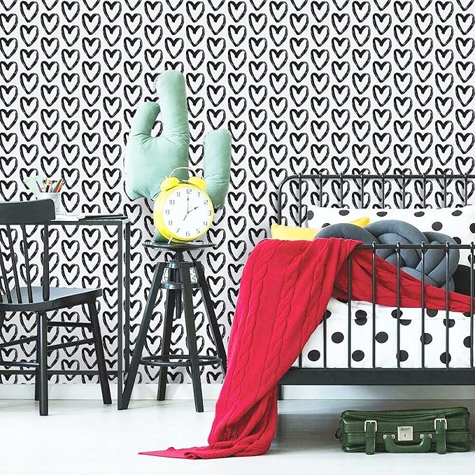 Timeet Modern Black White Wallpaper Peel and Stick Wallpaper Heart Contact Paper Vinyl Self Adhesive Wall Paper for Kids Room Bedroom Laundry Decoration Vinyl Roll 17.7"x394"