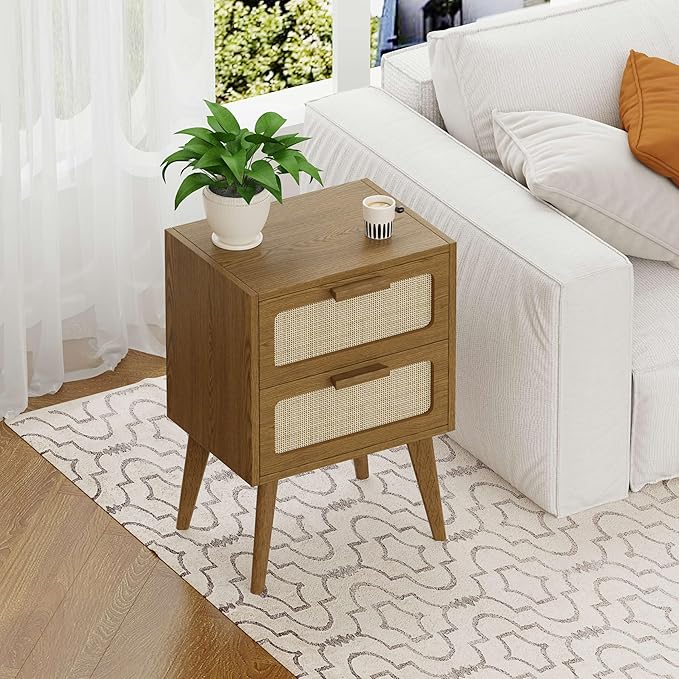 Rattan Nightstand Set of 2,Mid Century Modern Bedside with Drawers,End Table, Side Table with 2 Hand Made Rattan Decorated Drawers for Livingroom,Bedroom,Caramel Oak CTG59BR-2