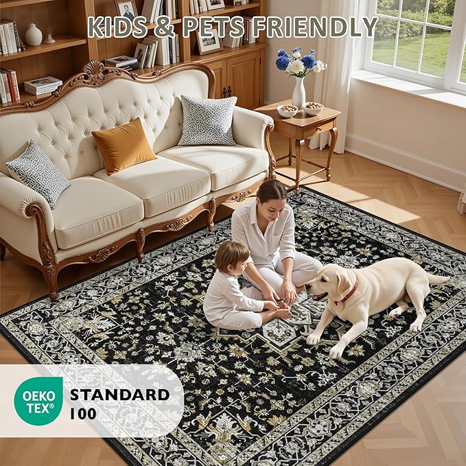 5x7 Area Rugs Living Room Rug: Washable Vintage Boho Medallion Rug No Slip Stain Resistant Soft Carpet Indoor Large Carpets for Bedroom Dining Room Farmhouse Nursery Hallway Home Office Black Gold